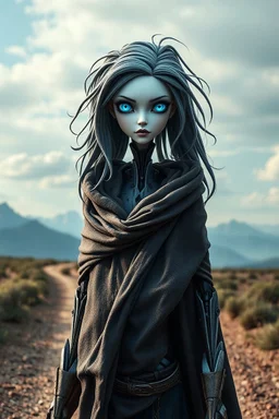 a porcelain mechanical woman with vibrant blue gem eyes, grey and black metallic hair, and a slim, yet matured frame, covered in a shabby cloak to hide her unusual and inorganic form. Her body has a steampunk style to it. She is standing on a dirt path heading to a set of far away mountains. She has a fantastical mature design