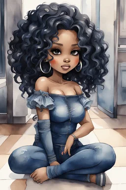 Create a futurism magna watercolor pain art of a black chibi curvy female sitting on the floor looking at herself in a hand mirror. She is wearing tight blue jeans and a black off the shoulder blouse. Prominent make up with lush lashes. Highly detailed long wavy hair. She is also wearing silver large hoop earringsart of a black chibi curvy female sitting on the floor looking at her cell phone. She is wearing tight blue jeans and a black off the shoulder blouse. Prominent make up with lush lashes