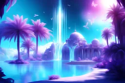 Village futur et cosmique Palais magnifique délicat et raffine de cristal, dôme de cristal avec des facettes de couleurs , palmier , mer turquoise. Grand ciel bleu. Lucioles, étincelles de lumière. Au tout premier plan des fleurs délicates blanches et violettes.. Cascades. Un lac d'eau turquoise avec des cygnes. Des papillons Haute définition . 8k