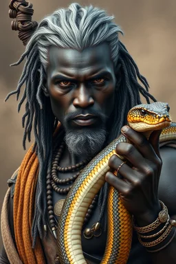 beautiful black skin warrior man gray hair holding a snake