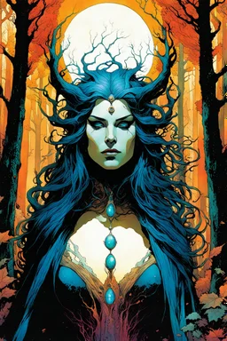 create a wildly conceptual print illustration of sorceress with highly detailed feminine facial features, in an ethereal, otherworldly ,ancient autumn forest , in the comic book art style of Bill Sienkiewicz, Mike Mignola, Sparth, and Jean Giraud Moebius, finely drawn, colored, and inked, suffused with dramatic natural light and shadow of sunset