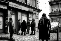 A group mature homeless huge penguin with worn out clothes, standing in a corner on the street, holding wine bottles in their wings , Vienna, mourning, model style, hyper realistic, extremely accurate, delicate, extremely detailed, Graphic novel style, wide-angle, open aperture, superfine pencil