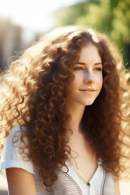 Attractive woman, long curly hair, sunny, baby,