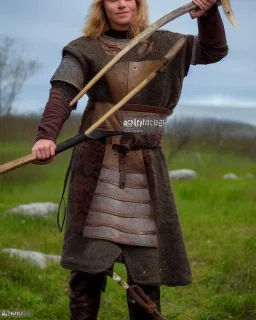 strong medieval warrior with short blond hair, blue eyes and wide warm smile with an axe with green and brown clothes