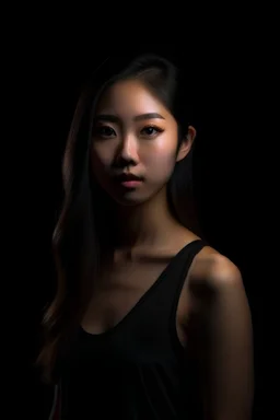 cute face asian model, Generate a photorealistic shot of a girl model just stay in front of camera, woman standing full-length on a black background, wearing a beige swimsuit, studio light is soft and natural, 4K quality, high detailing, black background, dar vibes
