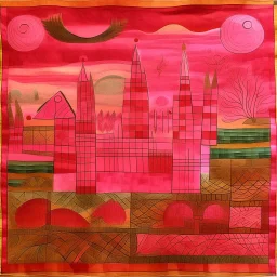 A pink kingdom in photo light designed in Navajo yarn painted by Paul Klee