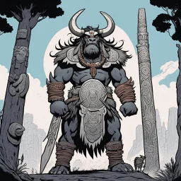 [mexican comics Head Lopper style by Andrew MacLean] Borak, a towering tauren chieftain, wields an ancient totem pole with sacred carvings. Surrounded by spiritual energy, he calls upon the power of the Earth Mother to protect his people.