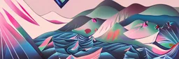 a collision of exploding black hearts and white hearts in surreal form of an endless lonely long and winding path through an isometric fantasy forested mountains and lakes landscape, vivid vibrant geometric art nouveau. trending on pixiv and artstation. an absurdly detailed oil painting 