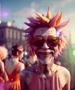 Ultra Realistic photo, medium shot view, drunken sweet dancer old blonde woman, carnival scene, monster hair, steampunk style. Sunglasses, Red hair, confeti, smile, happy, festival, ovnis, gradient color fog. highly detailed, concept art, unreal engine 5, ray tracing, RTX, lumen lighting, ultra detail, volumetric lighting, 3d, finely drawn, high definition, high resolution.