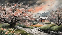 early spring, a Central European garden before imminent storm, strong wind, a peach tree blossom (petals blown in the wind:1.6), intricate detailed acrylic and watercolor and ink, (tint leaks:1.6), dark grey and green and peach blossom colors, harsh contrasts, (wind dynamics:1.6), petals swoosh