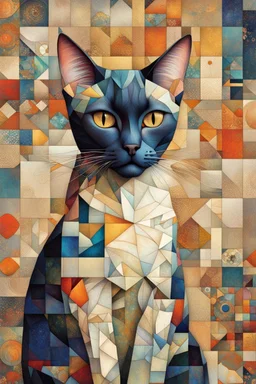 {A Siamese cat patchwork portrait by Klimt, Jennifer_lommers, Mondrian, van_Gogh, catrin_welz-stein, sachin_teng} [3d, hyperdetailed, intricate details, beautiful, polished finish] pop art, triadic colors, 8k, golden ratio, symmetrical, rule of thirds, geometric bauhaus