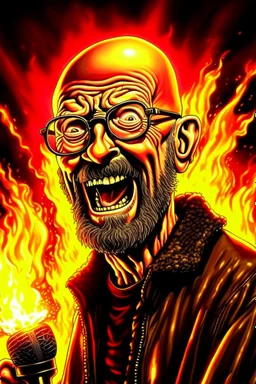 Firestarter animateur radio hardrock with a microphone. He has no hair. He has a thin beard. He has glasses. He's about 50 years. Seems angry. Flames all around him. He wears a sweat shirt of iron maiden.