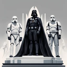 A beautiful illustration that showcases Darth Vader, adorned in his iconic black cape, standing triumphantly on the highest Olympic podium as the undisputed champion. Flanking him on two lower podiums are two white-clad Stormtroopers, looking sullen. Set this scene against a white background.