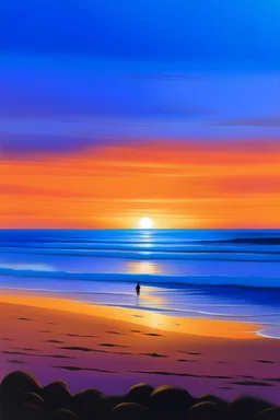 Picture a serene beach scene with an expansive ocean stretching out into the horizon. The sky is a canvas of colors blending from shades of deep blue near the top to soft purples and oranges where the sun is setting. The sun is a glowing ball, nearly touching the horizon, casting a warm, golden hue across the sky. In the foreground, two silhouetted figures are standing at the water's edge, their shadows elongating towards the shoreline as the sun dips lower. They're facing the sunset.