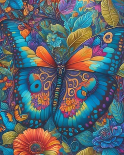 A vibrant, kaleidoscopic painting of a butterfly with intricately detailed, patterned wings, set against a vivid, swirling background of flowers and foliage, creating a visually stunning and mesmerizing effect.