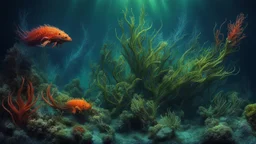 creatures, plants from subanautica from deep sea, leviathan's a lot of sea plants very deep, beautiful, river of magma, green and blue colours