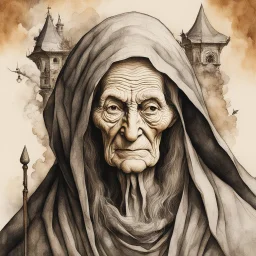 a Dutch Renaissance era ink wash and watercolor caricature illustration of a wizened and aged sorceress , highly detailed facial features, in the style of Pieter Brueghel the Elder , Hieronymus Bosch, and Gerald Scarfe aged canvas, craquelure finish, archaic masterpiece, 4k