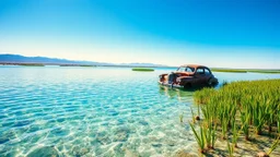 A vintage car stranded in shallow, crystal-clear water, surrounded by vibrant green reeds and sunlit reflections, with a bright, blue sky overhead and a distant mountain range in the background.