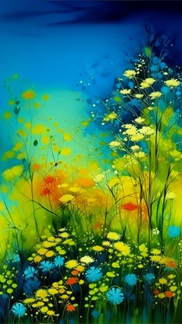 a smear . Field of wild a colorful flowers watercolor drawing on a blue splash colors background