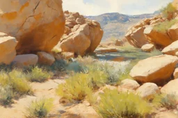 Sunny day, rocks, big rocks, vegetations, distant mountains, sci-fi, willem maris, and konstantin korovin paintings