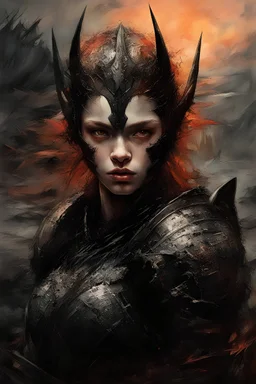 A formidable warrior girl in black armor, against monster, against the background of an amazing gloomy landscape flooded with sunset, mountains, trees, a fabulous scary hero, juicy emotions, painting, gloomy fantasy, gloomy day, dark world, portrait, oil and graphite, wide strokes, a weaving frame around, by Ryohei Hase, Agnes Cecile, Raymond Swanland, Anne Bachelier