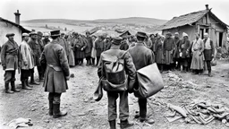 an man in a dark european, hungarian postman's uniform standing with his back to the camera with a large postman's bag on his left shoulder, he is only half visible from the european-hungarian villagers gathered around him, surrounded by men and women in vintage poor cloths. Some villagers are holding letters in their hands, sad and crying faces, a little boy staring at the postman, a crying little girl clinging to her mother's skirt, two women crying , high realistic, perfect photo