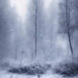 lost in the woods, winter landscape, ice field, crystals, surreal, dreamlike, foggy