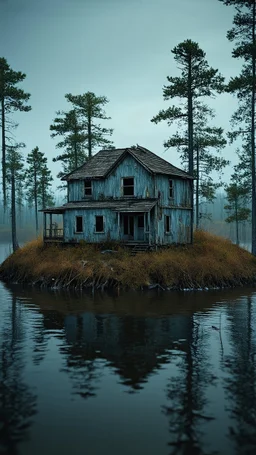 Photorealistic An abandoned house on an island in the middle of the rivers nothingness and distressing anguish old wooden wasteland, shot on Hasselblad, movie shot, nightmare, hypermaximalist, obsessive, hypnotic,