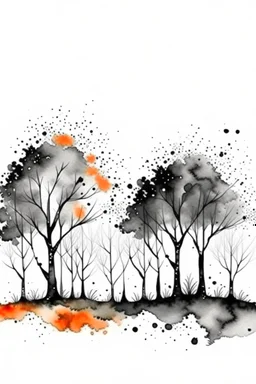 Watercolor black and white far away trees with orange little flowers on the trees