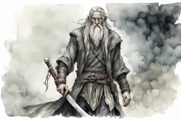 ink wash and watercolor illustration of an ancient grizzled, gnarled elf vagabond wanderer, long, grey hair streaked with black, highly detailed facial features, sharp cheekbones. His eyes are black. He wears weathered roughspun Celtic clothes, emaciated and tall, with pale skin, full body , thigh high leather boots and has a dark malevolent aura within swirling maelstrom of ethereal chaos in the comic book style of Bill Sienkiewicz and Jean Giraud Moebius , realistic dramatic natural lighting