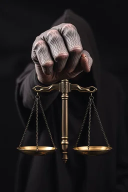 A scary one hand of a hooded creature holding the Scale Of Justice ,