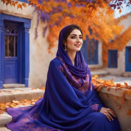 Hyper Realistic Photographic-Close-Face-View of Beautiful Young Happy Pashto Woman Wearing Navy-Blue-Dress-With Purple-Embroidery & Purple Shawl Happily Sitting Outside Her Blue Colored-House-with-Orange-windows at beautiful-day-time with leaves-falling from thick-trees with-sun-rays & water-fountain-at-the-back showing dramatic & cinematic ambiance.