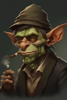 portrait of a young goblin man with a newsie hat smoking a pipe