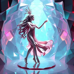 very complex structure ,pretty viberating color environment 3d metalic and crystal recursive animating beveled geometric base very complex structure future world evolving background and goddess realistic modern lady in pretty cleric dress comes out dancing gracefully , viberating color moving very in modern city escape environment while camera tracking it.