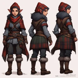 character concept sheet with AD&D statistics and characteristics, [illustration by mounir fatmi] slavic short thin female gnome thief with a sling in tartan cape