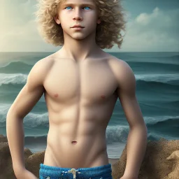 intricate, sharp focus, highly detailed, photorealistic, studio lights, full body image of a beautiful 12 year old boy with long, blonde curly hair and light blue eyes, smiling, shirtless, in front of an distant beach