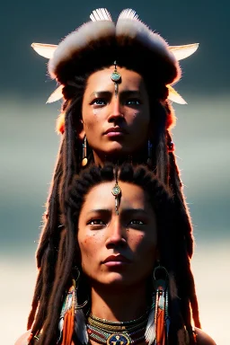 Native American female warrior, dreadlocks, color, athletic build, ominous, dnd character portrait, waist up portrait, intricate, oil on canvas, masterpiece, expert, insanely detailed, 4k resolution, retroanime style, cute big circular reflective eyes, cinematic smooth, intricate detail , soft smooth lighting, vibrant colors, hokusai style arm sleeve tatoo