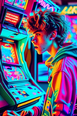 a millineal teenage boy is playing video arcade games, bright colored clothes from the 90s, hairstyles of that time