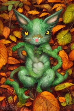 cute tiny forest demon sitting on a fallen leaf, intricately detailed, photorealistic, oil on canvas, trending on art station, high definition, hdr, cute, beautiful in sunshine