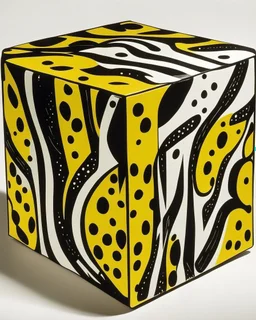 A brown cube-shaped rock painted by Roy Lichtenstein