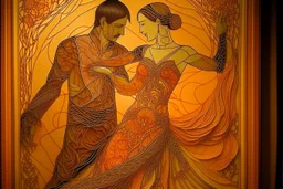 Hand sewn and embroidered double exposure, (((greg rutkowski))), caricature in ochre Polychromatic-Colors. (((intricate))). Stunningly beautiful couple of happy strong women dancing, all the head in the frame elegant soft diffused light intricate 8k oil on canvas sensuality very attractive wallpaper crisp quality whimsical, merged layers battery corrosion, copper patina