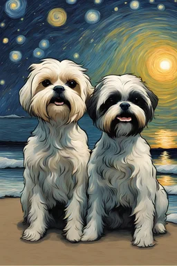 Una pareja de perros shitzu en una playa bajo un cielo estrellado estilo van gogh