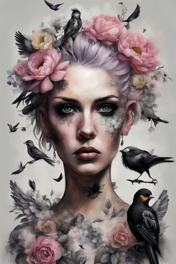 portrait Punk, Angel, portrait of a woman, flowers, birds