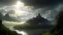 a beautiful matte painting of between heaven and earth, wind and clouds, tsunamis, magnificent mountains and rivers, huge palaces and castles ， morning sun, hanging gardens ， magnificent and very vast. greg rutkowski ， eddie h. hinestroza ， clarity, 4 k hd