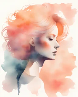 woman silhouette and hair watercolor draw peach pastel colors