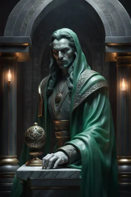 highly detailed marble and jade sculpture of a male necromancer, transparent nail polish, beautiful hands, stunning face, volumetric fog, Hyperrealism, breathtaking, ultra realistic, unreal engine, ultra detailed, cyber background, Hyperrealism, cinematic lighting, highly detailed, breathtaking, stunning environment