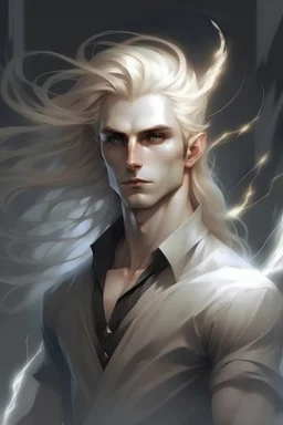 The style is an oil painting. Dark palette. Fantasy style. A young man. A feminine face. There's a lightning mark on his face. Elf ears. Long blond hair. Waist-high. A white shirt.