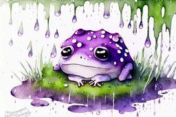 3D close-up of a very cute fluffy plushy chibi plush frog hiding from the rain under a red white spotted mushroom in the forest, puddles in front, grass and violets next to him, 3d effect melting watercolour on wet inked paper, black ink outline in sunshine, ethereal, cinematic postprocessing