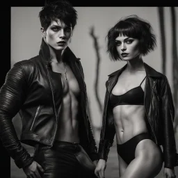 An extremely muscular young man who resembles an old, decomposing zombie with pixie-cut black hair, wearing a black leather jacket and pants, standing next to a beautiful woman with auburn hair who resembles the wicked witch of the west, wearing a black two-piece bathing suit with a perfect shaped, stacked body, and a perfect face, 4k, 8k, 32k UHD, Hyper realistic, extremely colorful, vibrant, photorealistic, realistic, sharp, highly detailed, professional quality, beautiful, awesome, majestic,