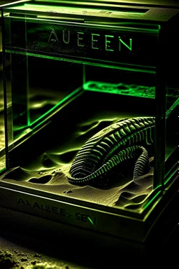 an alien's close up footprint lodged within sand in a neat, square display glass box, "Alien" engraved on small label outside of the box, realistic and highly detailed, 8k